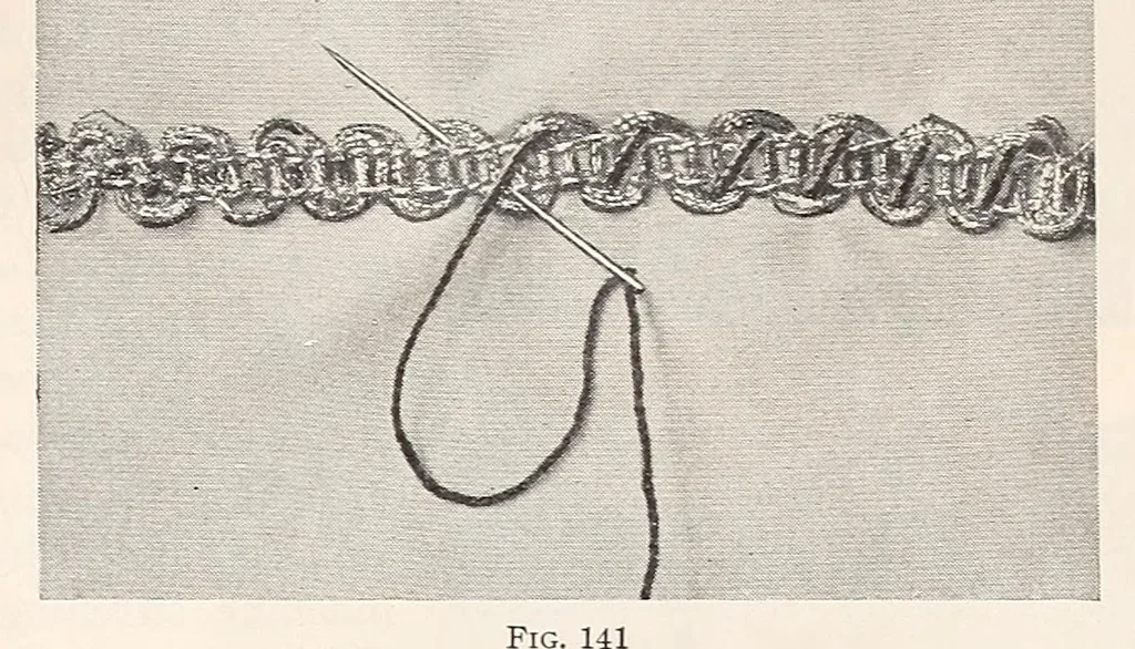 An illustration from Ribbon and fabric trimmings : a variety of appropriate dress trimmings that can be made from ribbon and fabric, with directions for their making, 1925, leaf 47