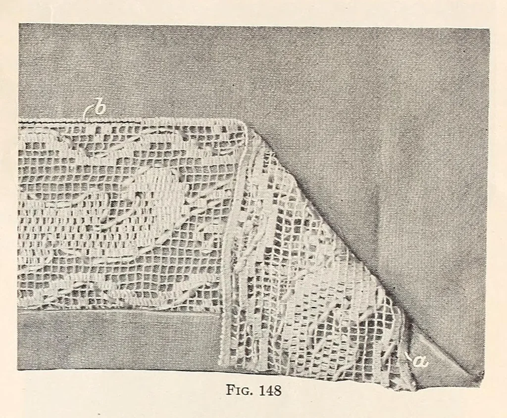 An illustration from Ribbon and fabric trimmings : a variety of appropriate dress trimmings that can be made from ribbon and fabric, with directions for their making, 1925, leaf 49