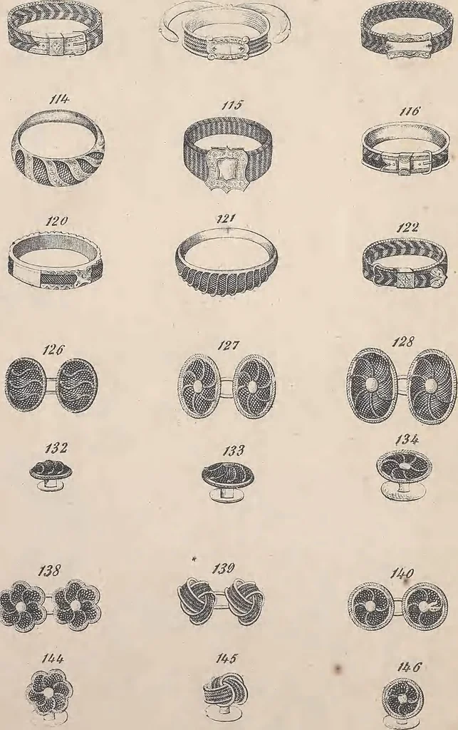 An illustration from Charles T. Menge's price list of ornamental hair jewelry and device work, nos. 32 and 34 John Street, New York, 1873, leaf 16