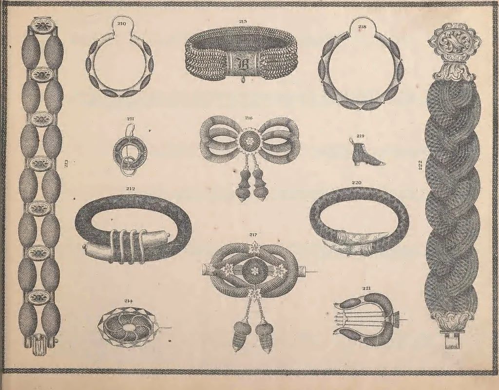 An illustration from Charles T. Menge's price list of ornamental hair jewelry and device work, nos. 32 and 34 John Street, New York, 1873, leaf 34