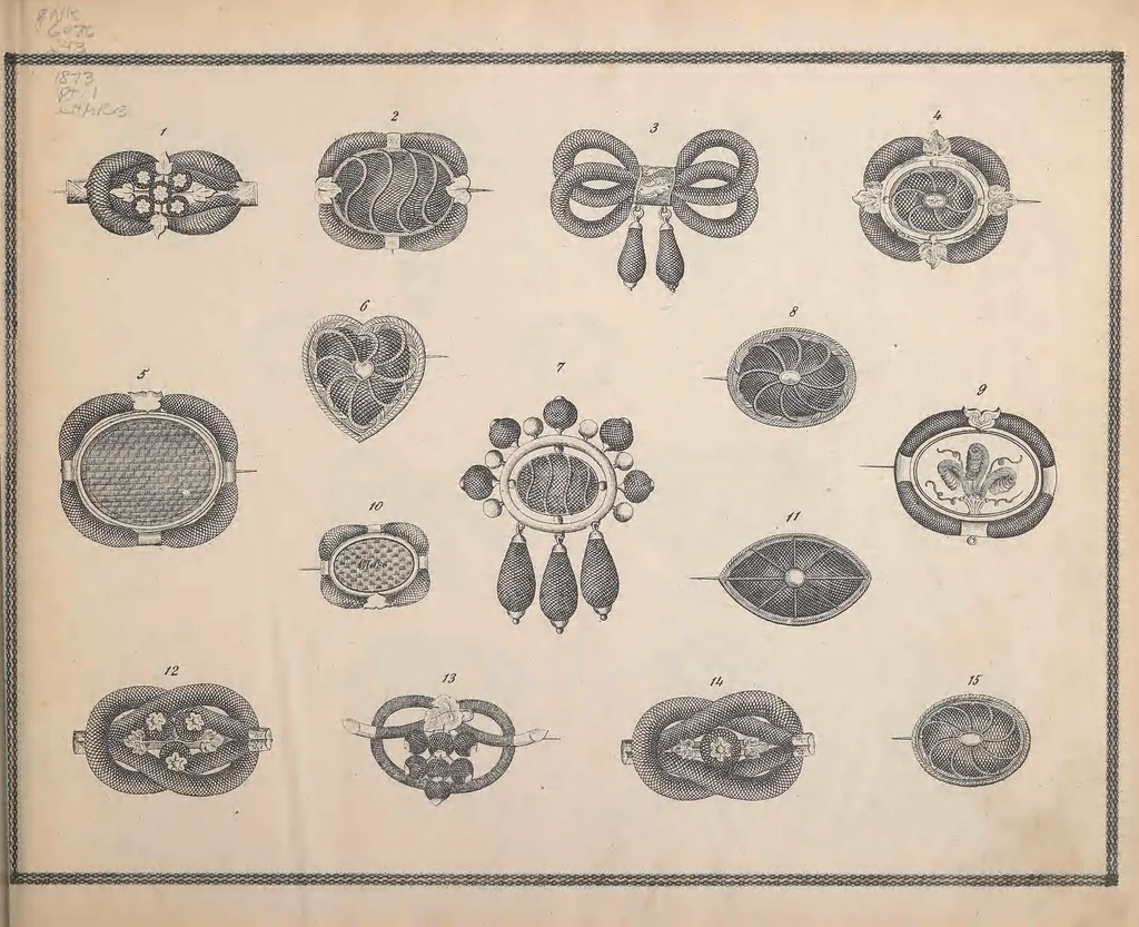 An illustration from Charles T. Menge's price list of ornamental hair jewelry and device work, nos. 32 and 34 John Street, New York, 1873, leaf 6