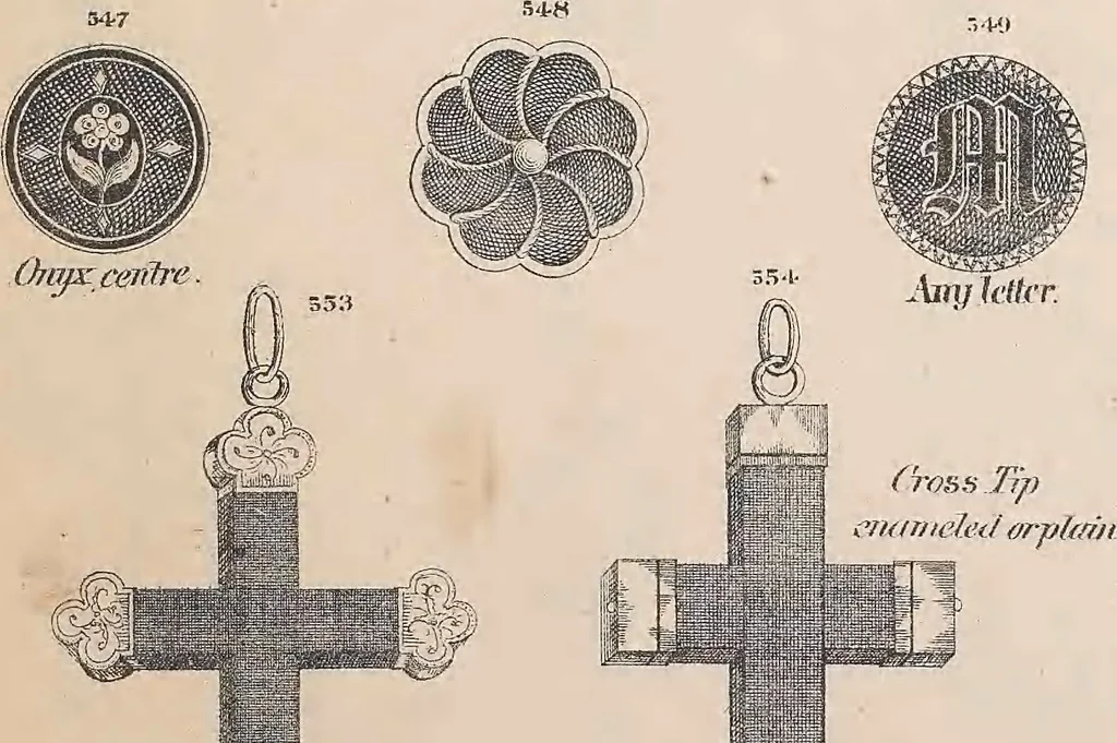 An illustration from Charles T. Menge's price list of ornamental hair jewelry and device work, nos. 32 and 34 John Street, New York, 1873, leaf 70
