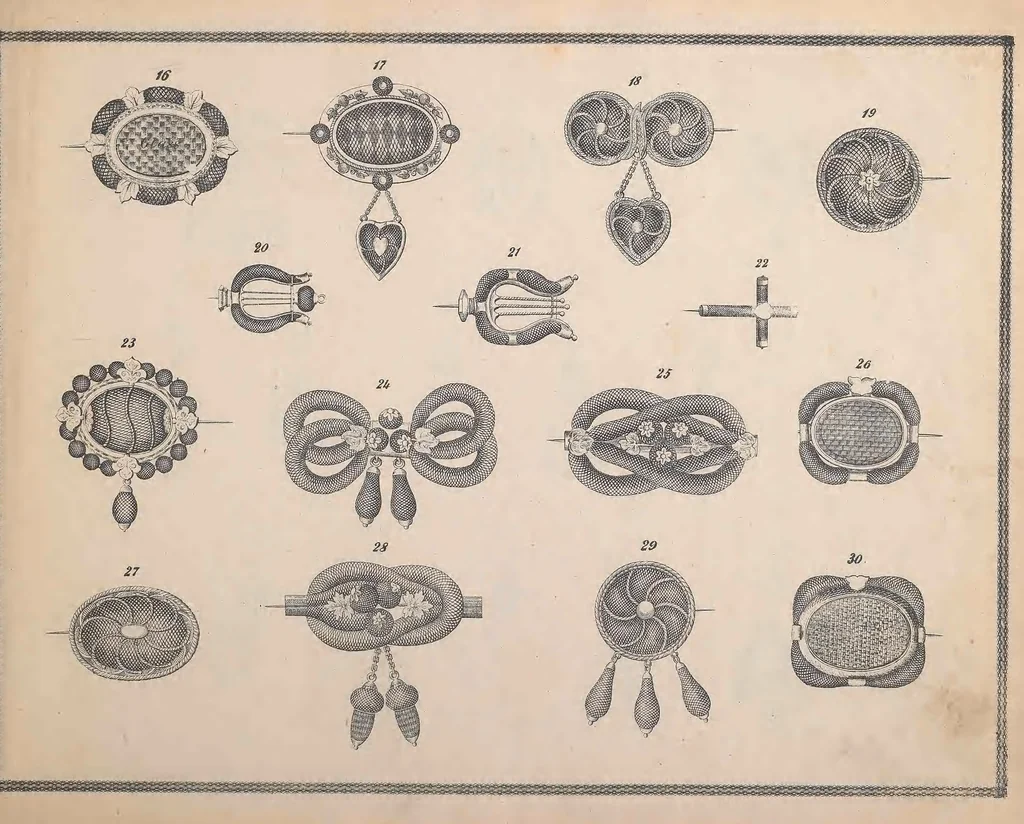 An illustration from Charles T. Menge's price list of ornamental hair jewelry and device work, nos. 32 and 34 John Street, New York, 1873, leaf 8