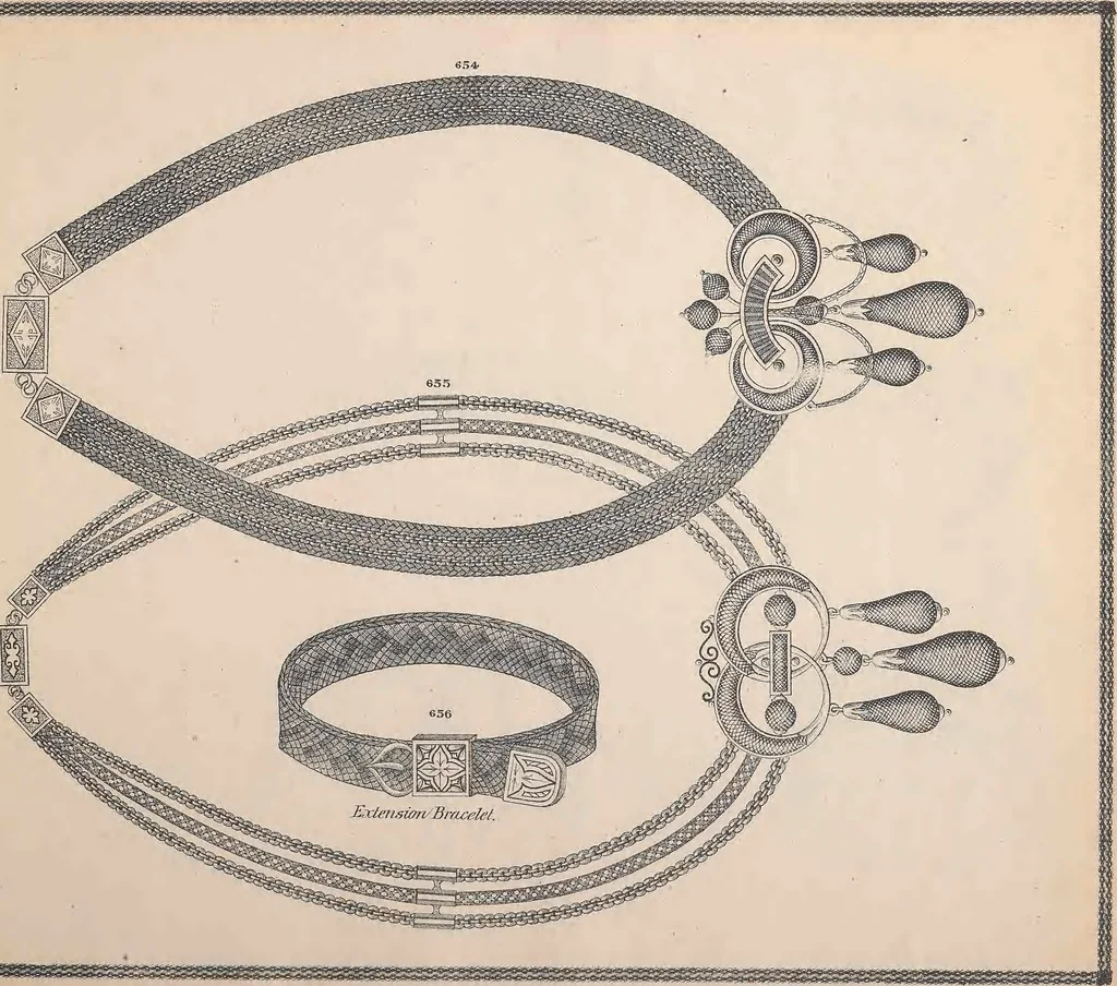 An illustration from Charles T. Menge's price list of ornamental hair jewelry and device work, nos. 32 and 34 John Street, New York, 1873, leaf 84