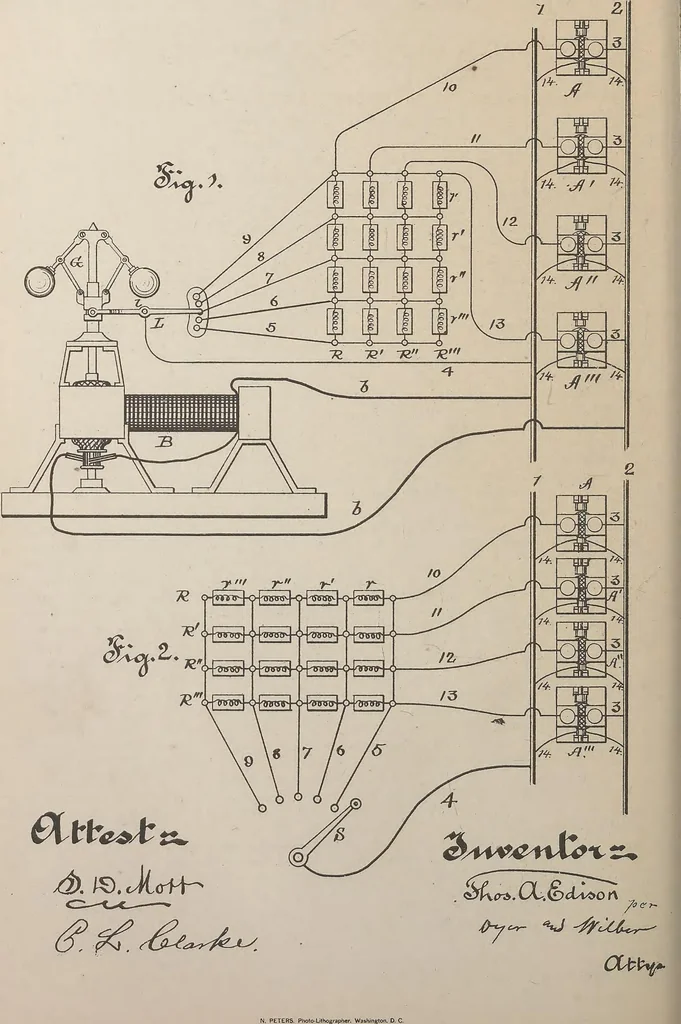 An illustration from Collection of United States patents granted to Thomas A. Edison, 1869-1884, 1869, leaf 1025