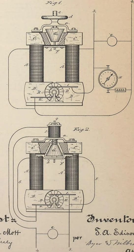 An illustration from Collection of United States patents granted to Thomas A. Edison, 1869-1884, 1869, leaf 1065
