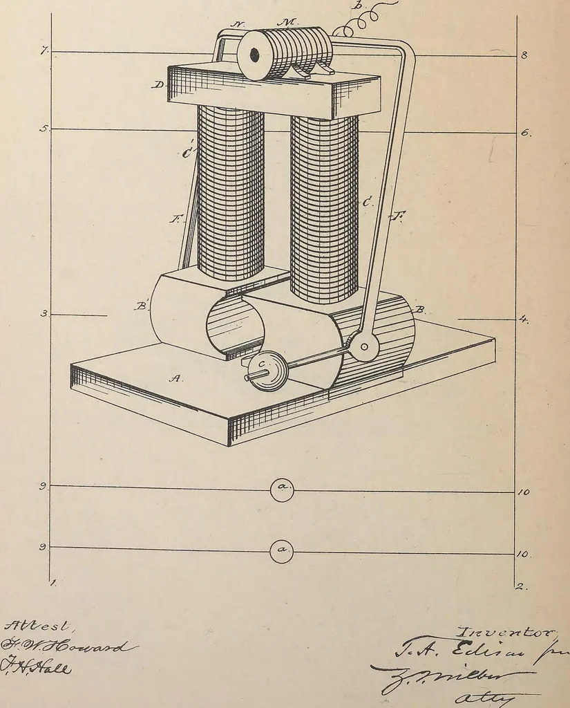 An illustration from Collection of United States patents granted to Thomas A. Edison, 1869-1884, 1869, leaf 1075
