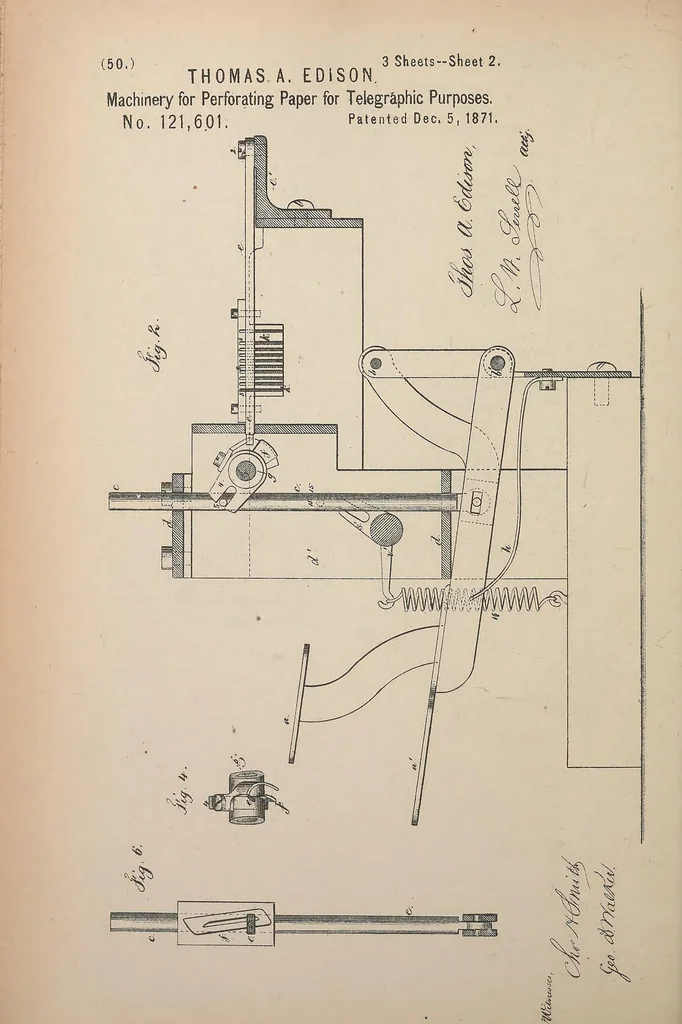 An illustration from Collection of United States patents granted to Thomas A. Edison, 1869-1884, 1869, leaf 113
