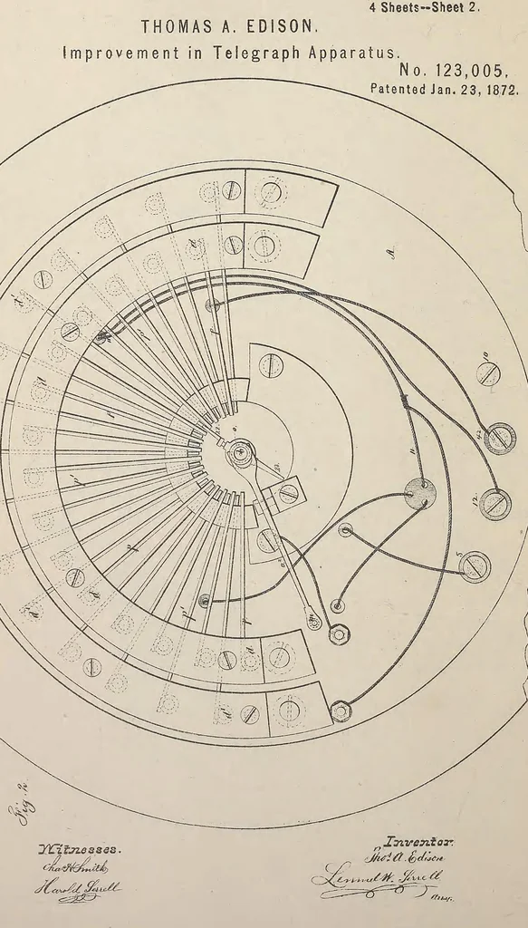 An illustration from Collection of United States patents granted to Thomas A. Edison, 1869-1884, 1869, leaf 123