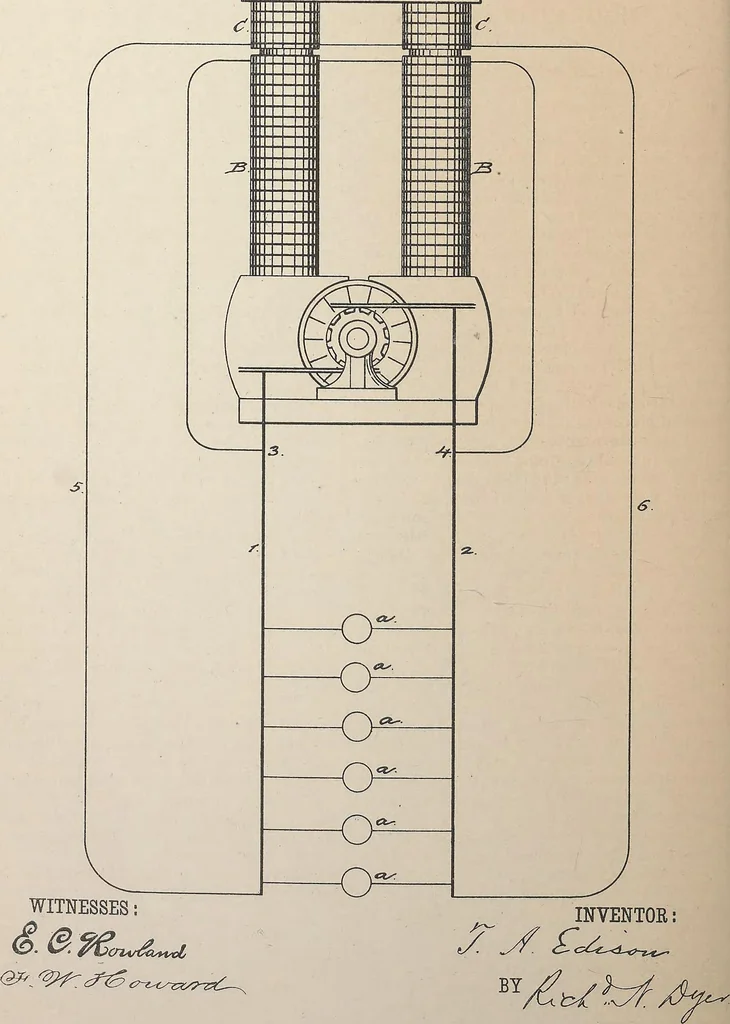An illustration from Collection of United States patents granted to Thomas A. Edison, 1869-1884, 1869, leaf 1239