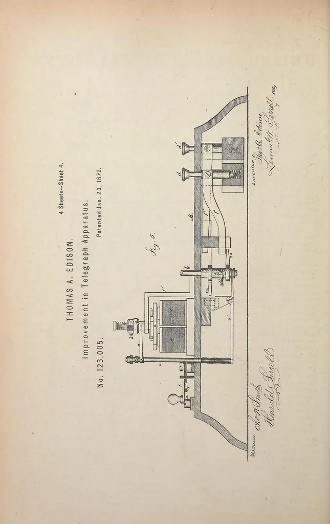 An illustration from Collection of United States patents granted to Thomas A. Edison, 1869-1884, 1869, leaf 127