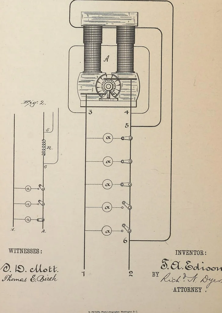 An illustration from Collection of United States patents granted to Thomas A. Edison, 1869-1884, 1869, leaf 1277