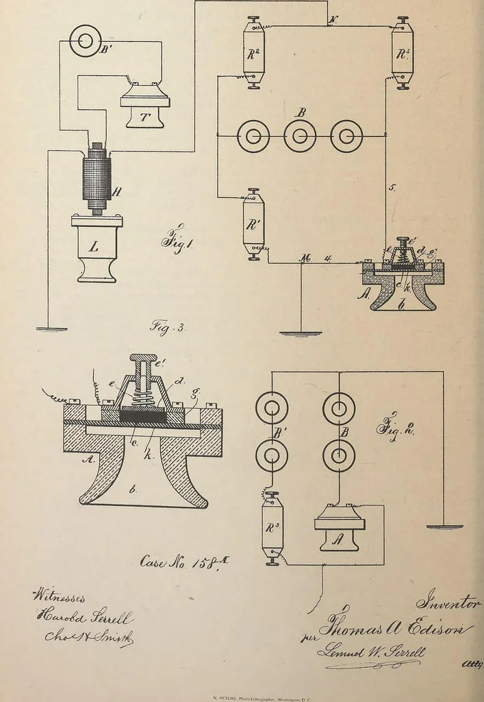An illustration from Collection of United States patents granted to Thomas A. Edison, 1869-1884, 1869, leaf 1351