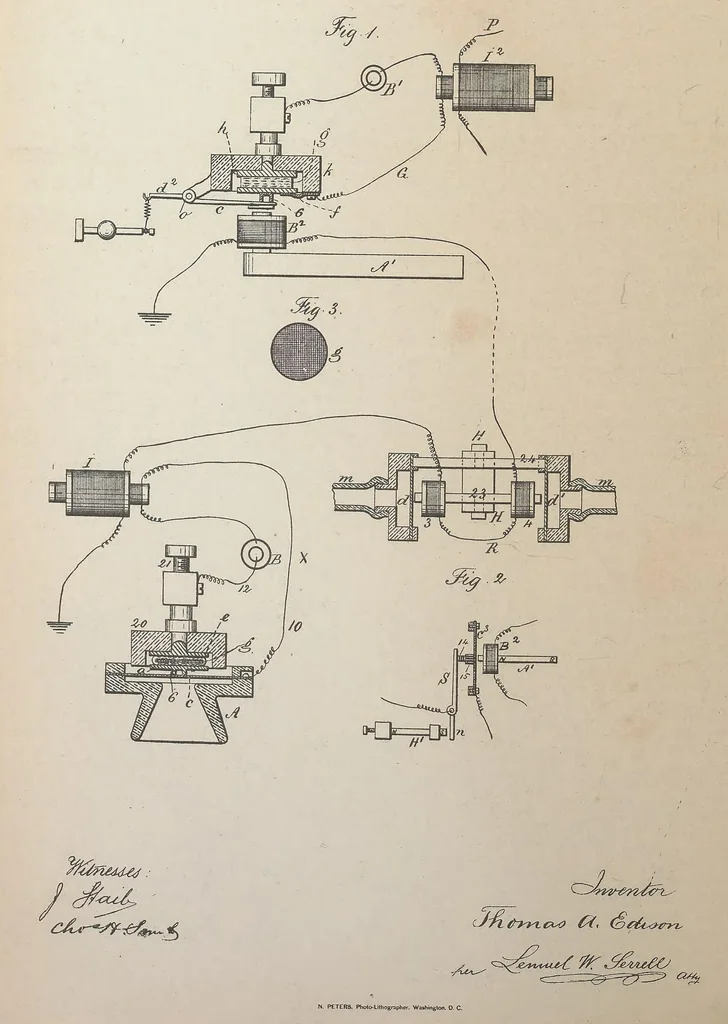 An illustration from Collection of United States patents granted to Thomas A. Edison, 1869-1884, 1869, leaf 1397