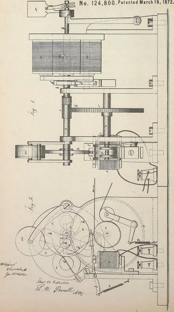 An illustration from Collection of United States patents granted to Thomas A. Edison, 1869-1884, 1869, leaf 143