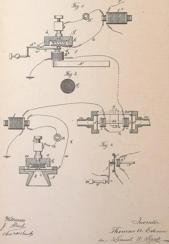 An illustration from Collection of United States patents granted to Thomas A. Edison, 1869-1884, 1869, leaf 1485