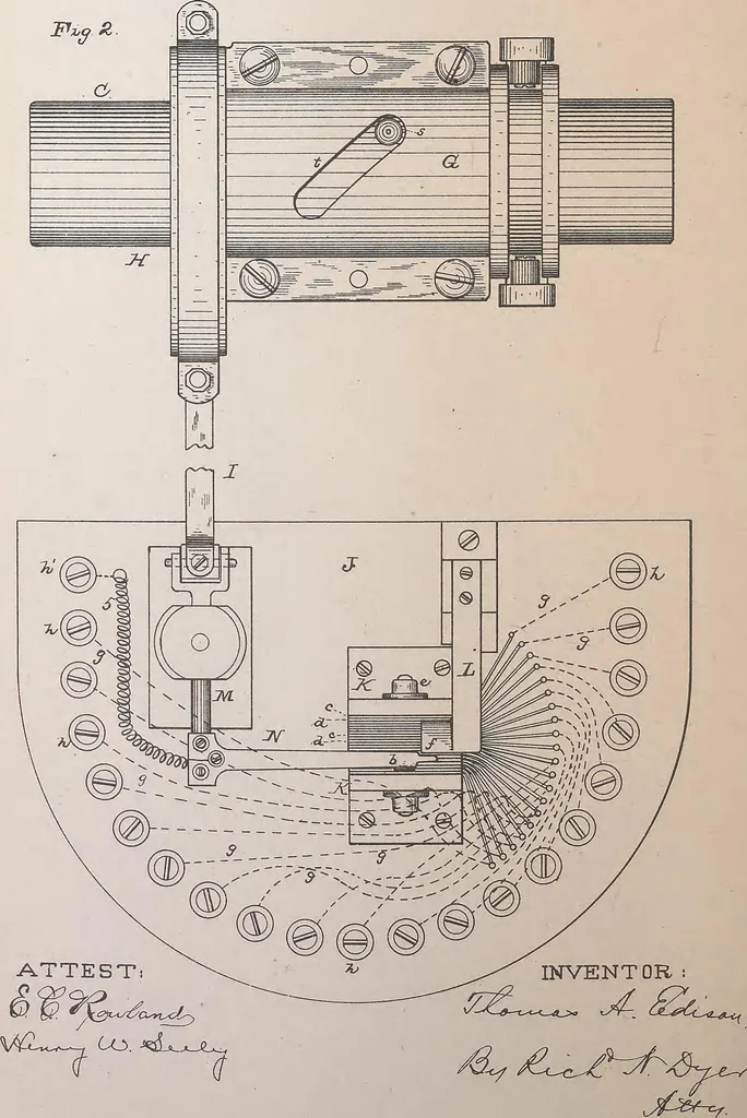 An illustration from Collection of United States patents granted to Thomas A. Edison, 1869-1884, 1869, leaf 1505