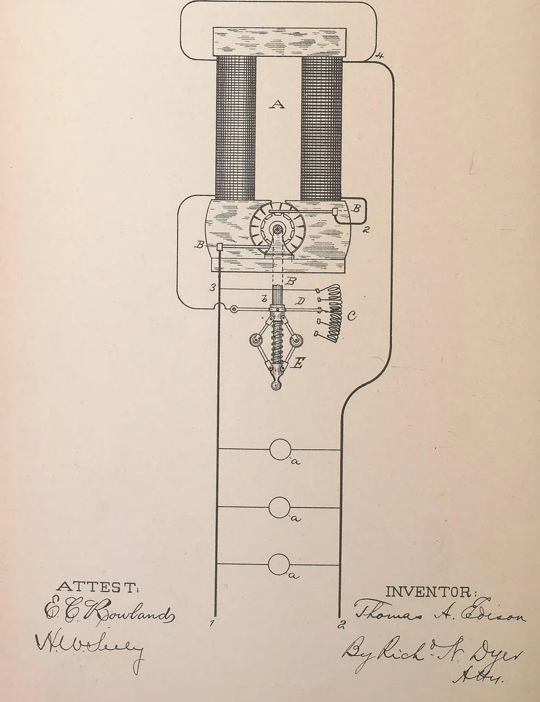 An illustration from Collection of United States patents granted to Thomas A. Edison, 1869-1884, 1869, leaf 1521