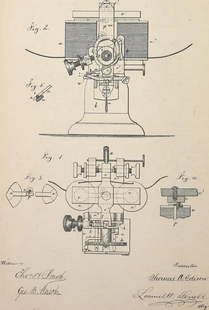 An illustration from Collection of United States patents granted to Thomas A. Edison, 1869-1884, 1869, leaf 155