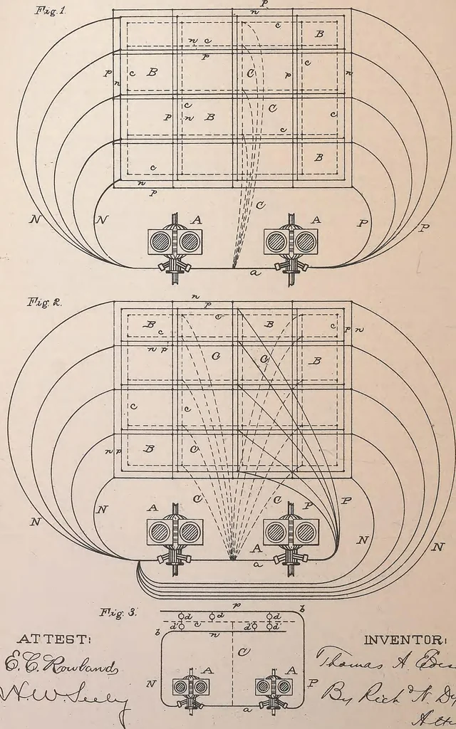 An illustration from Collection of United States patents granted to Thomas A. Edison, 1869-1884, 1869, leaf 1605