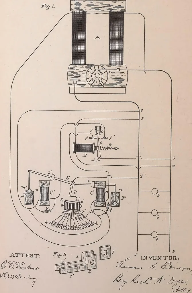 An illustration from Collection of United States patents granted to Thomas A. Edison, 1869-1884, 1869, leaf 1675