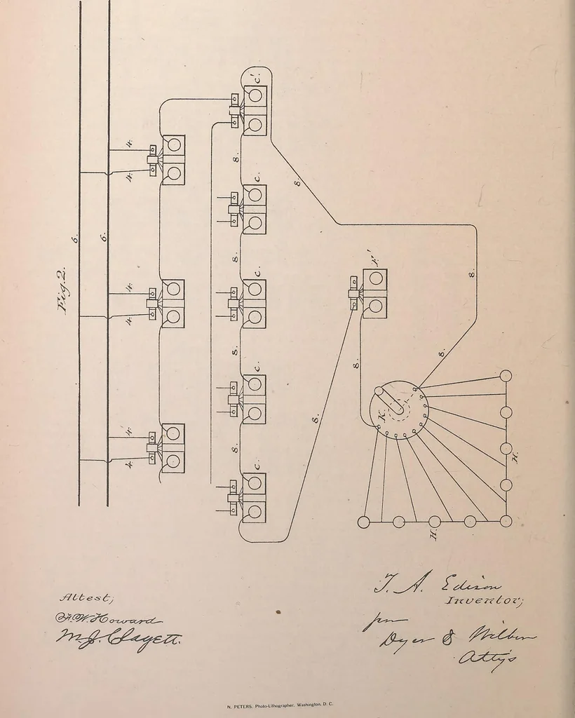 An illustration from Collection of United States patents granted to Thomas A. Edison, 1869-1884, 1869, leaf 1691