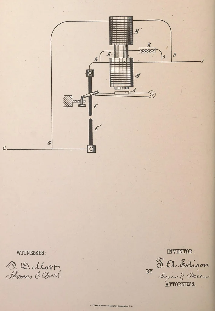 An illustration from Collection of United States patents granted to Thomas A. Edison, 1869-1884, 1869, leaf 1717