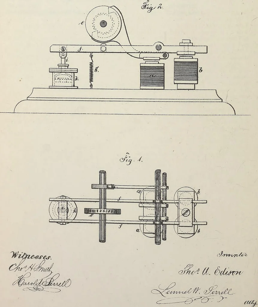 An illustration from Collection of United States patents granted to Thomas A. Edison, 1869-1884, 1869, leaf 185
