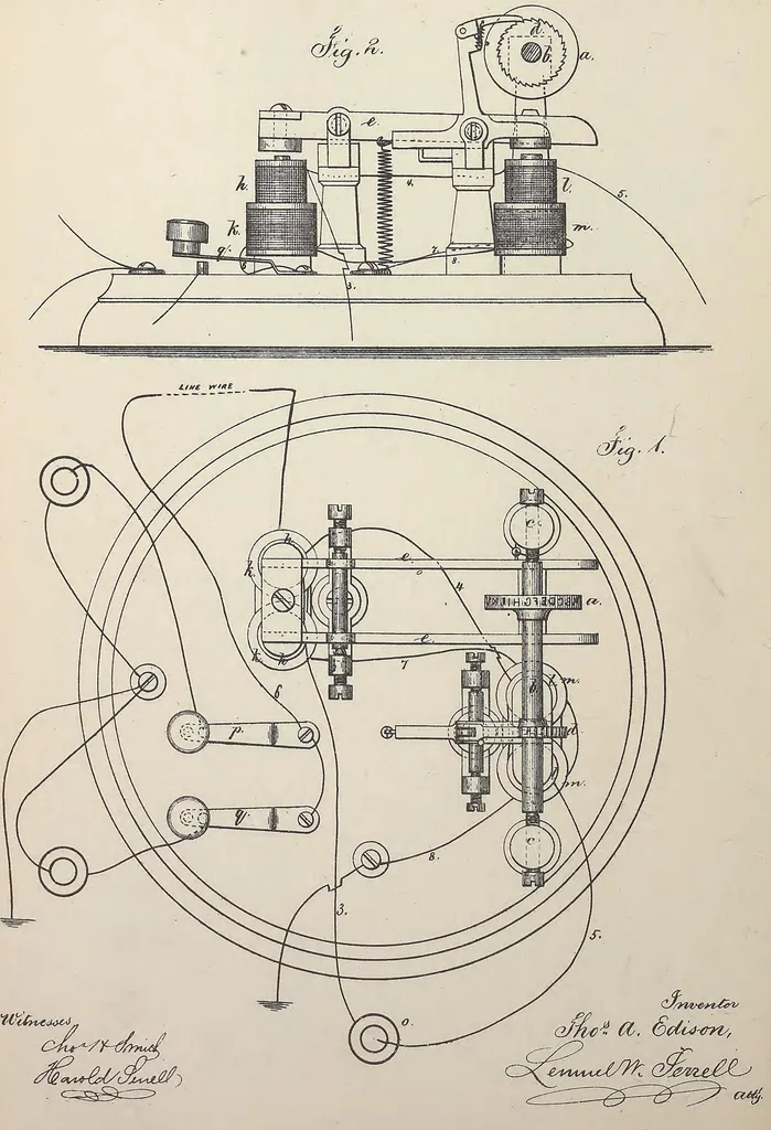 An illustration from Collection of United States patents granted to Thomas A. Edison, 1869-1884, 1869, leaf 189