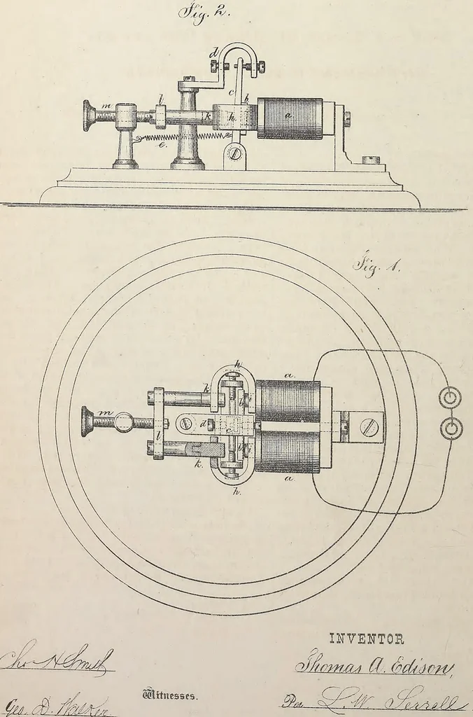 An illustration from Collection of United States patents granted to Thomas A. Edison, 1869-1884, 1869, leaf 213