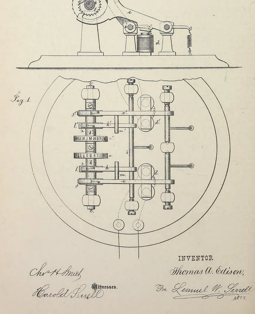 An illustration from Collection of United States patents granted to Thomas A. Edison, 1869-1884, 1869, leaf 223