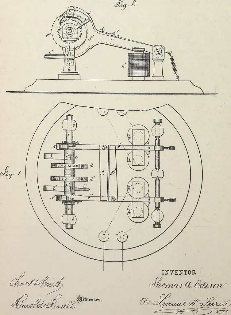 An illustration from Collection of United States patents granted to Thomas A. Edison, 1869-1884, 1869, leaf 227