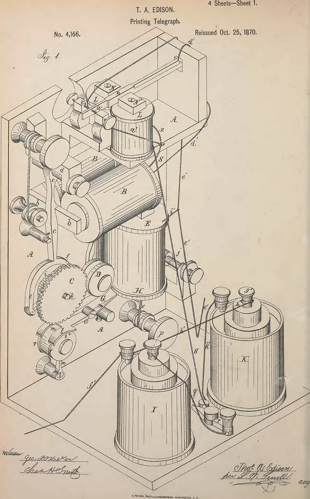 An illustration from Collection of United States patents granted to Thomas A. Edison, 1869-1884, 1869, leaf 23