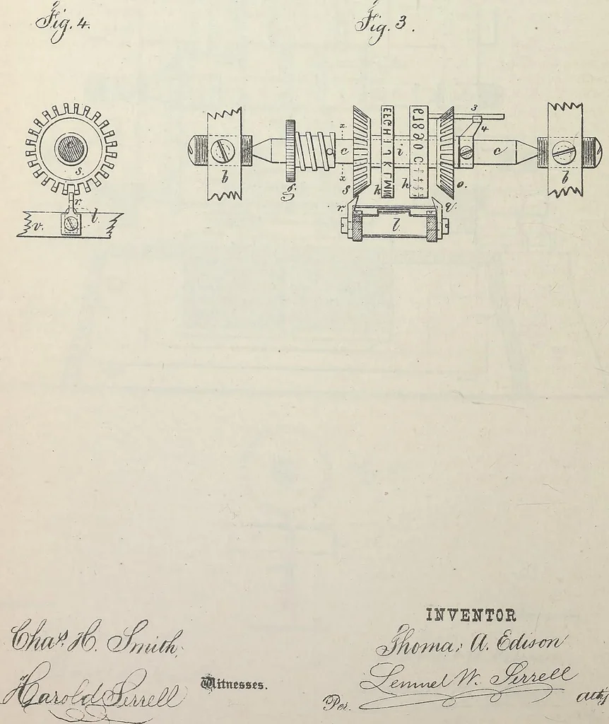 An illustration from Collection of United States patents granted to Thomas A. Edison, 1869-1884, 1869, leaf 233