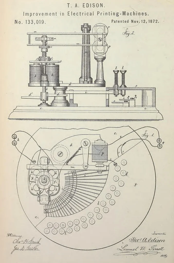 An illustration from Collection of United States patents granted to Thomas A. Edison, 1869-1884, 1869, leaf 277