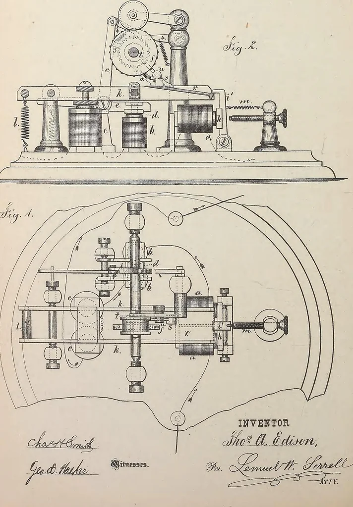 An illustration from Collection of United States patents granted to Thomas A. Edison, 1869-1884, 1869, leaf 313
