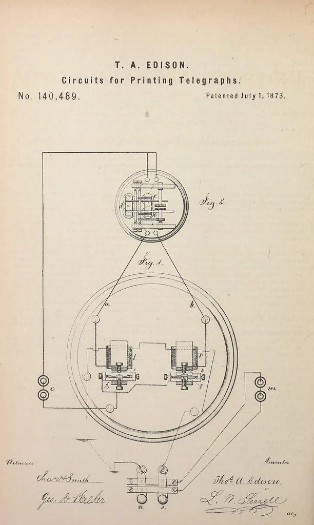 An illustration from Collection of United States patents granted to Thomas A. Edison, 1869-1884, 1869, leaf 335