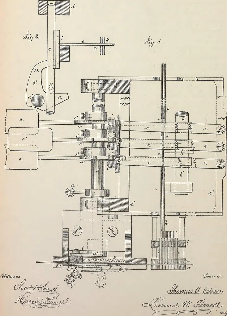 An illustration from Collection of United States patents granted to Thomas A. Edison, 1869-1884, 1869, leaf 381