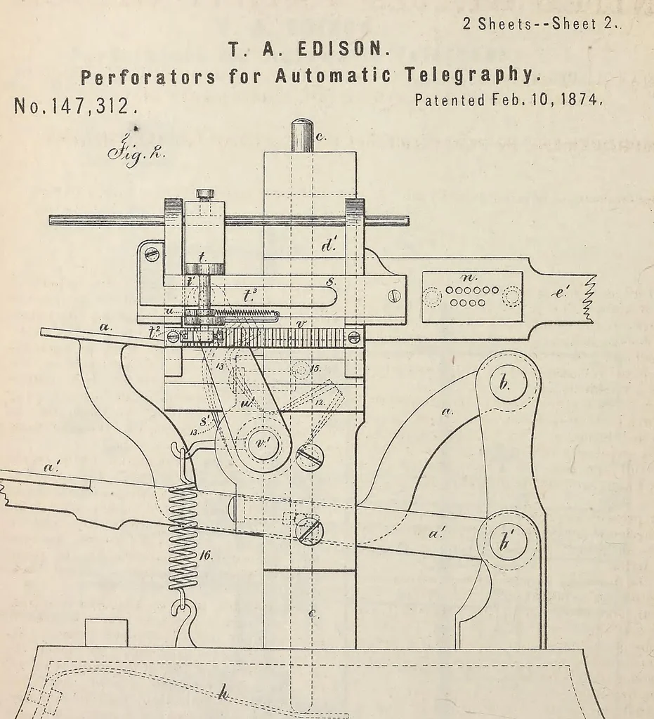 An illustration from Collection of United States patents granted to Thomas A. Edison, 1869-1884, 1869, leaf 383