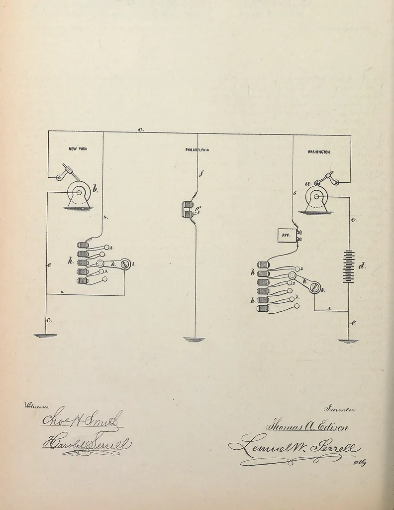 An illustration from Collection of United States patents granted to Thomas A. Edison, 1869-1884, 1869, leaf 387
