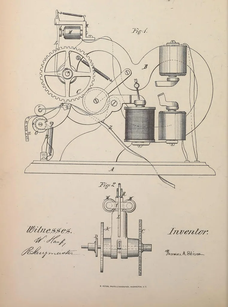 An illustration from Collection of United States patents granted to Thomas A. Edison, 1869-1884, 1869, leaf 39