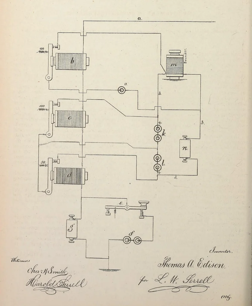 An illustration from Collection of United States patents granted to Thomas A. Edison, 1869-1884, 1869, leaf 395
