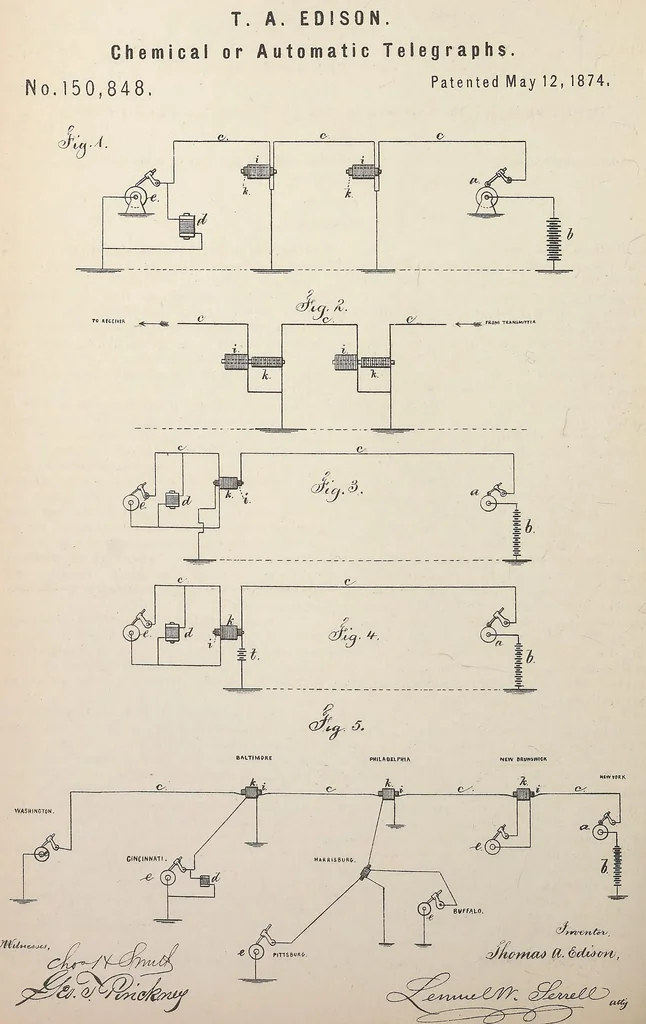 An illustration from Collection of United States patents granted to Thomas A. Edison, 1869-1884, 1869, leaf 407