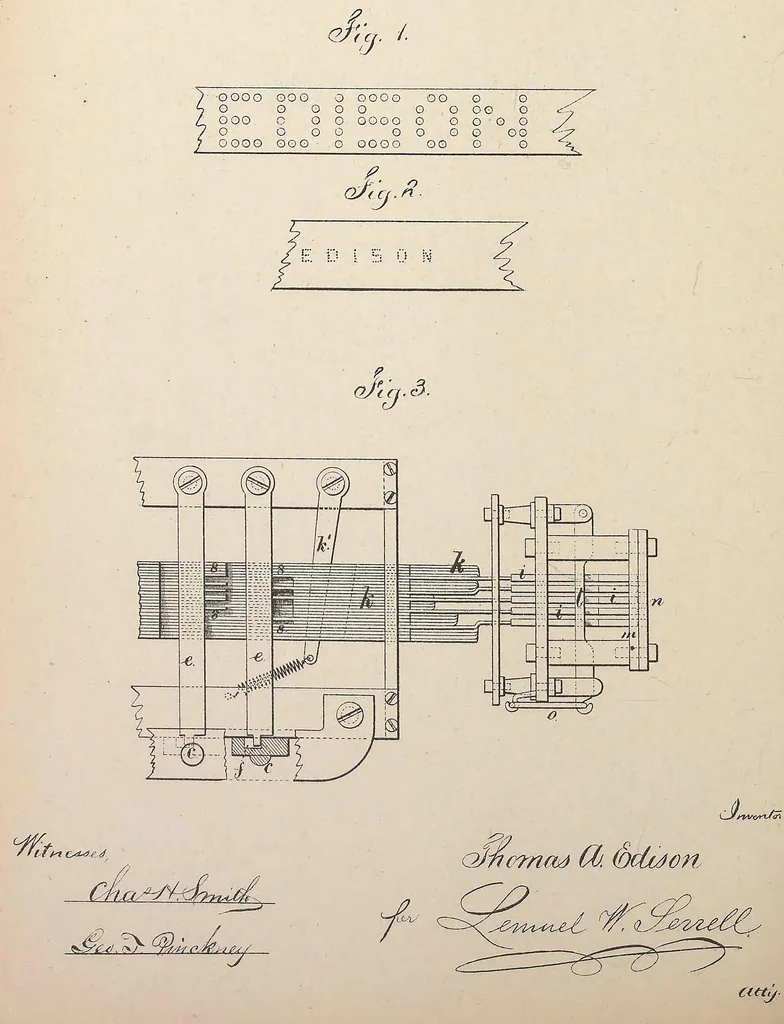 An illustration from Collection of United States patents granted to Thomas A. Edison, 1869-1884, 1869, leaf 411