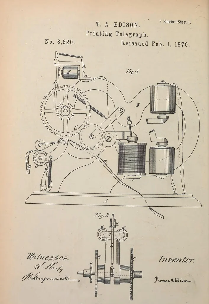 An illustration from Collection of United States patents granted to Thomas A. Edison, 1869-1884, 1869, leaf 45