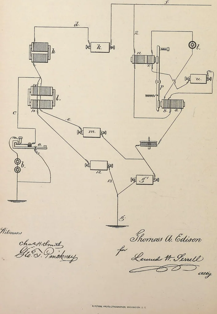 An illustration from Collection of United States patents granted to Thomas A. Edison, 1869-1884, 1869, leaf 469