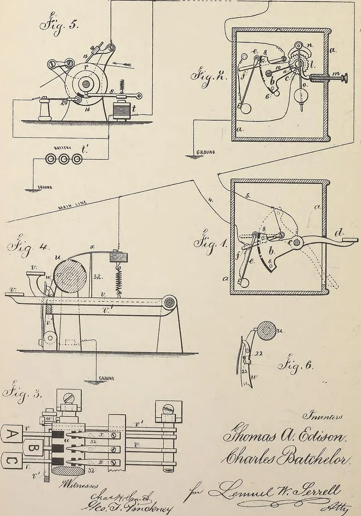 An illustration from Collection of United States patents granted to Thomas A. Edison, 1869-1884, 1869, leaf 473