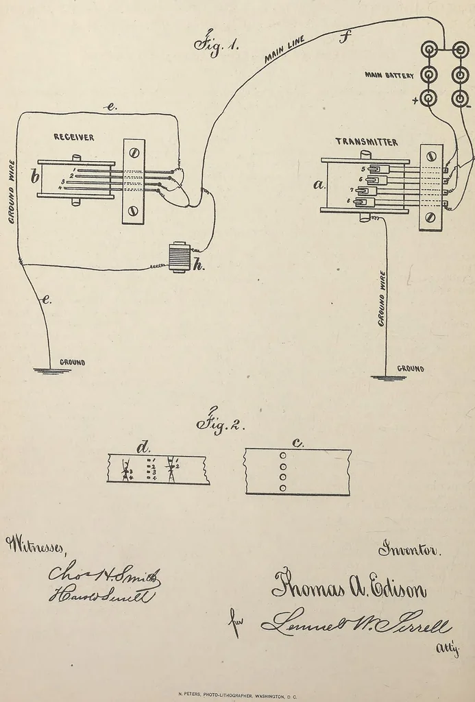 An illustration from Collection of United States patents granted to Thomas A. Edison, 1869-1884, 1869, leaf 485