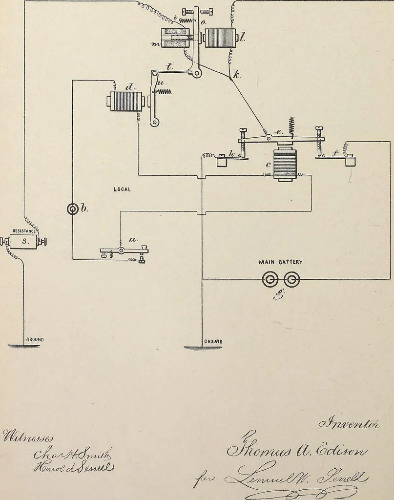 An illustration from Collection of United States patents granted to Thomas A. Edison, 1869-1884, 1869, leaf 497