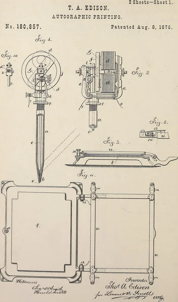 An illustration from Collection of United States patents granted to Thomas A. Edison, 1869-1884, 1869, leaf 501